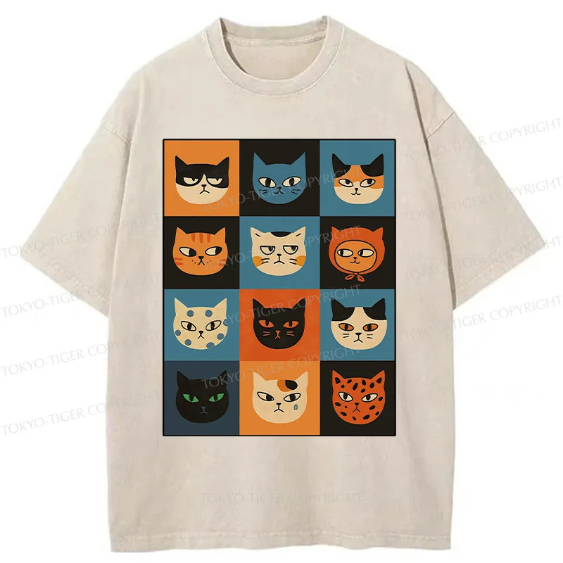 Tokyo-Tiger Cat Stamps Washed T-Shirt