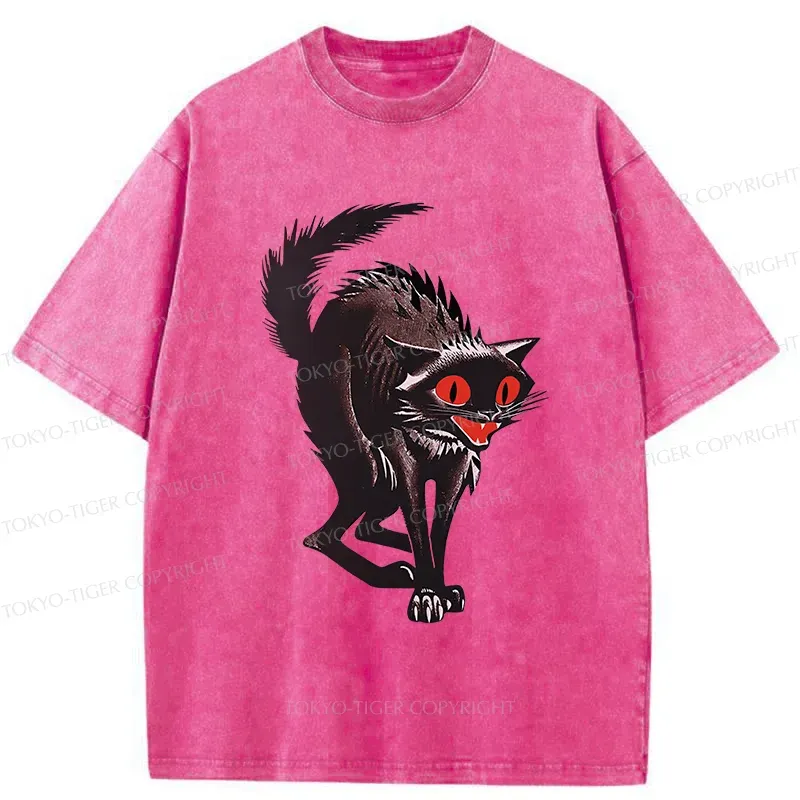 Tokyo-Tiger Halloween Scary Black Cat Washed T-Shirt Sale