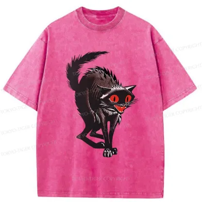 Tokyo-Tiger Halloween Scary Black Cat Washed T-Shirt