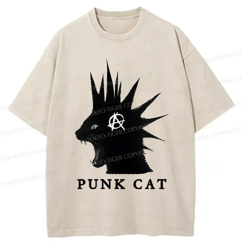 Tokyo-Tiger Punk Cat Funny Washed T-Shirt