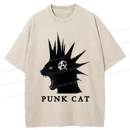 Tokyo-Tiger Punk Cat Funny Washed T-Shirt