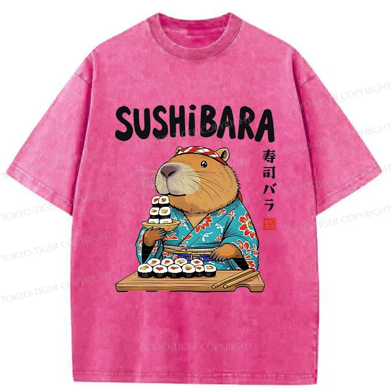 Tokyo-Tiger Capybara Sushi Chef Washed T-Shirt