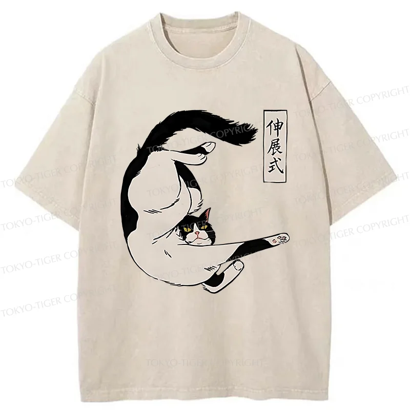 Tokyo-Tiger Supine Cat Stretch Washed T-Shirt