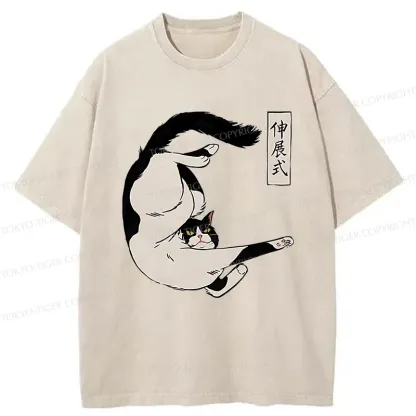 Tokyo-Tiger Supine Cat Stretch Washed T-Shirt