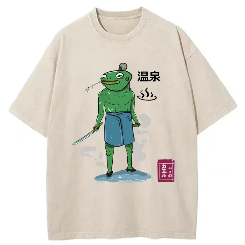 Tokyo-Tiger Frog Samurai Bathing In Hot Spring Washed T-Shirt