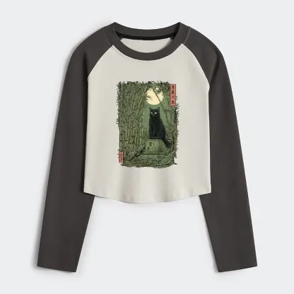 Tokyo-Tiger Black Cat In The Bamboo Forest Women's Crop Raglan T-Shirt