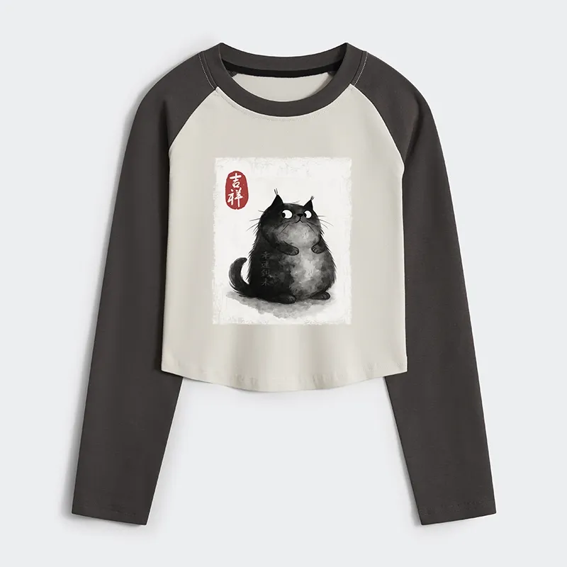 Tokyo-Tiger Auspicious Fluffy Black Cat Ink Painting Women's Crop Raglan T-Shirt