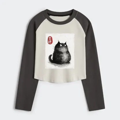 Tokyo-Tiger Auspicious Fluffy Black Cat Ink Painting Women's Crop Raglan T-Shirt