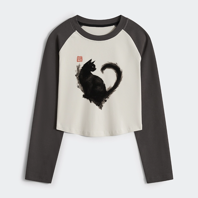 Tokyo-Tiger Funny Heart-Shaped Ink Cat Women's Crop Raglan T-Shirt