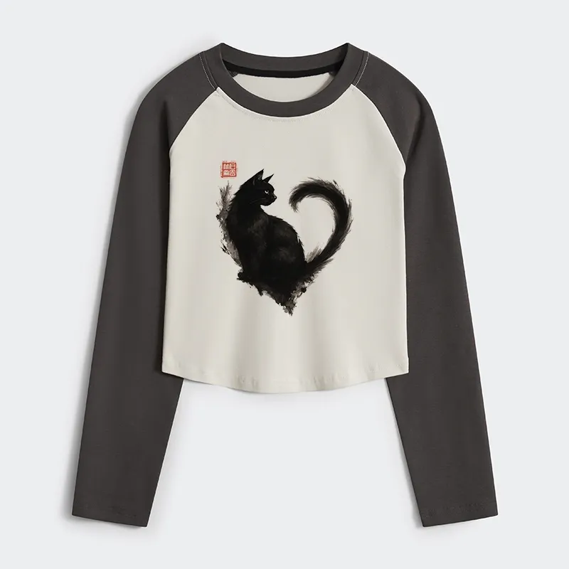 Tokyo-Tiger Funny Heart-Shaped Ink Cat Women's Crop Raglan T-Shirt