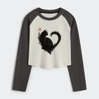 Tokyo-Tiger Funny Heart-Shaped Ink Cat Women's Crop Raglan T-Shirt