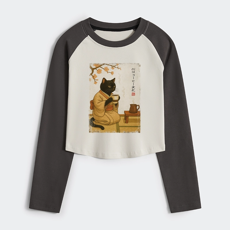Tokyo-Tiger Cat Heart Full Of Coffee Women's Crop Raglan T-Shirt