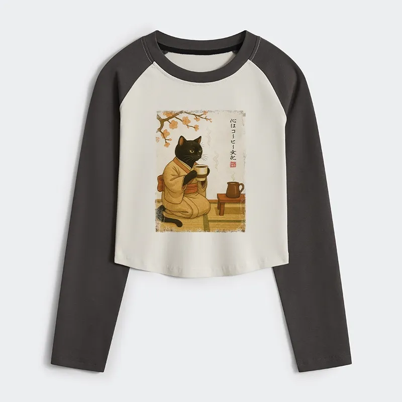 Tokyo-Tiger Cat Heart Full Of Coffee Women's Crop Raglan T-Shirt