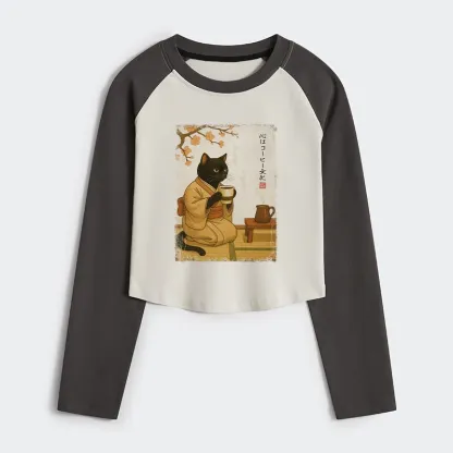 Tokyo-Tiger Cat Heart Full Of Coffee Women's Crop Raglan T-Shirt