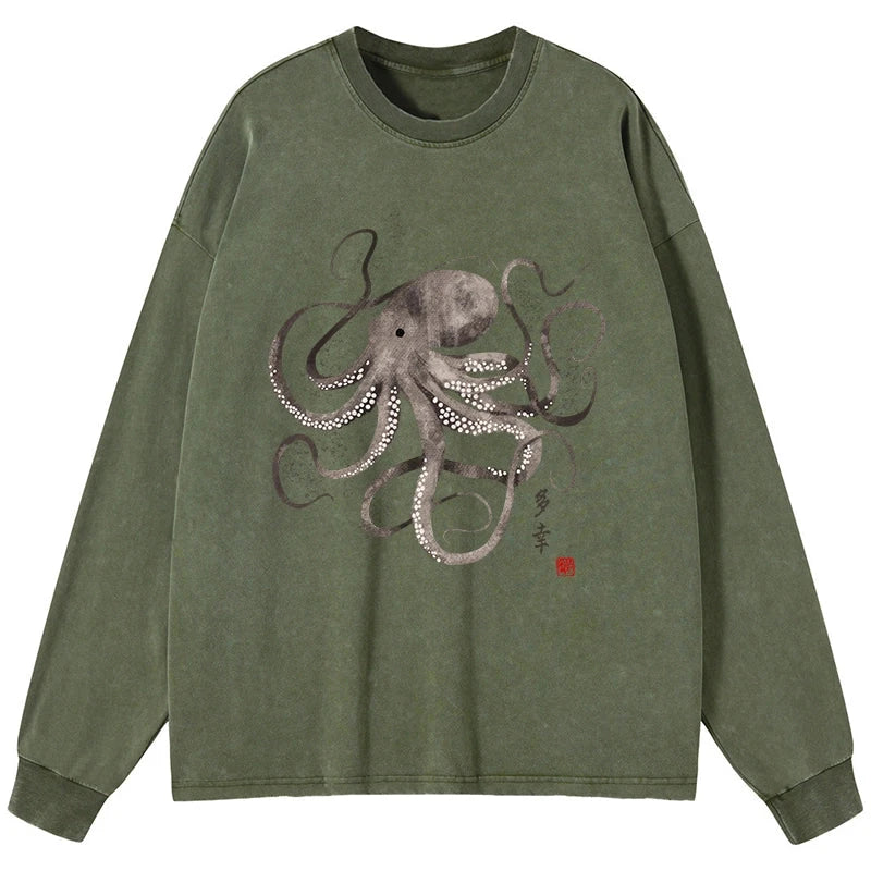 Tokyo-Tiger Octopus Japanese Calligraphy Washed Long Sleeve T-Shirt