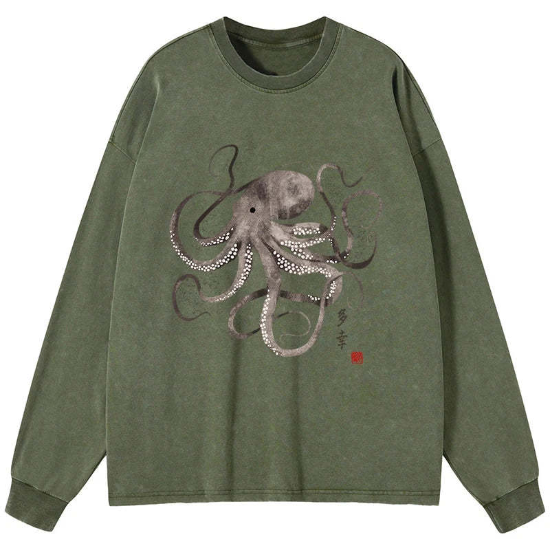 Tokyo-Tiger Octopus Japanese Calligraphy Washed Long Sleeve T-Shirt