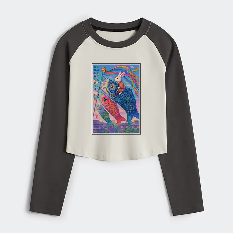 Tokyo-Tiger Ukiyoe Rabbit Ride Carp Streamer Poster Women's Crop Raglan T-Shirt