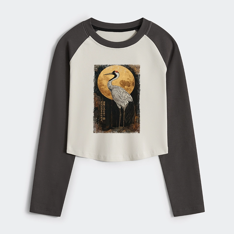 Tokyo-Tiger Vintage Japanese Crane Kanji Women's Crop Raglan T-Shirt