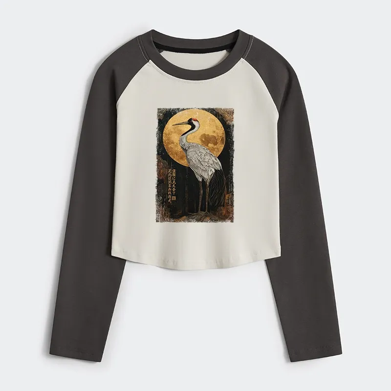 Tokyo-Tiger Vintage Japanese Crane Kanji Women's Crop Raglan T-Shirt