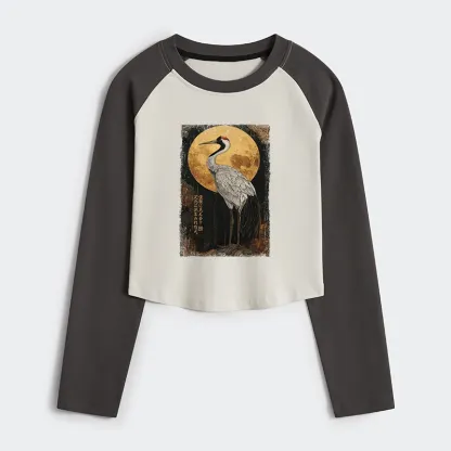 Tokyo-Tiger Vintage Japanese Crane Kanji Women's Crop Raglan T-Shirt