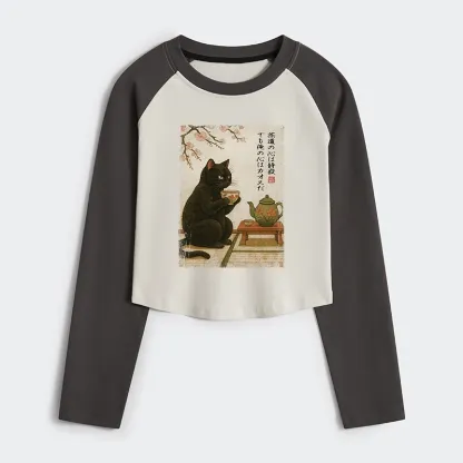 Tokyo-Tiger Tea Time With A Black Cat Women's Crop Raglan T-Shirt
