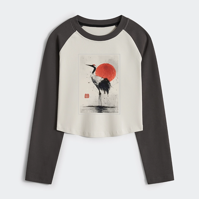 Tokyo-Tiger Retro Japanese Red-crowned Crane Women's Crop Raglan T-Shirt