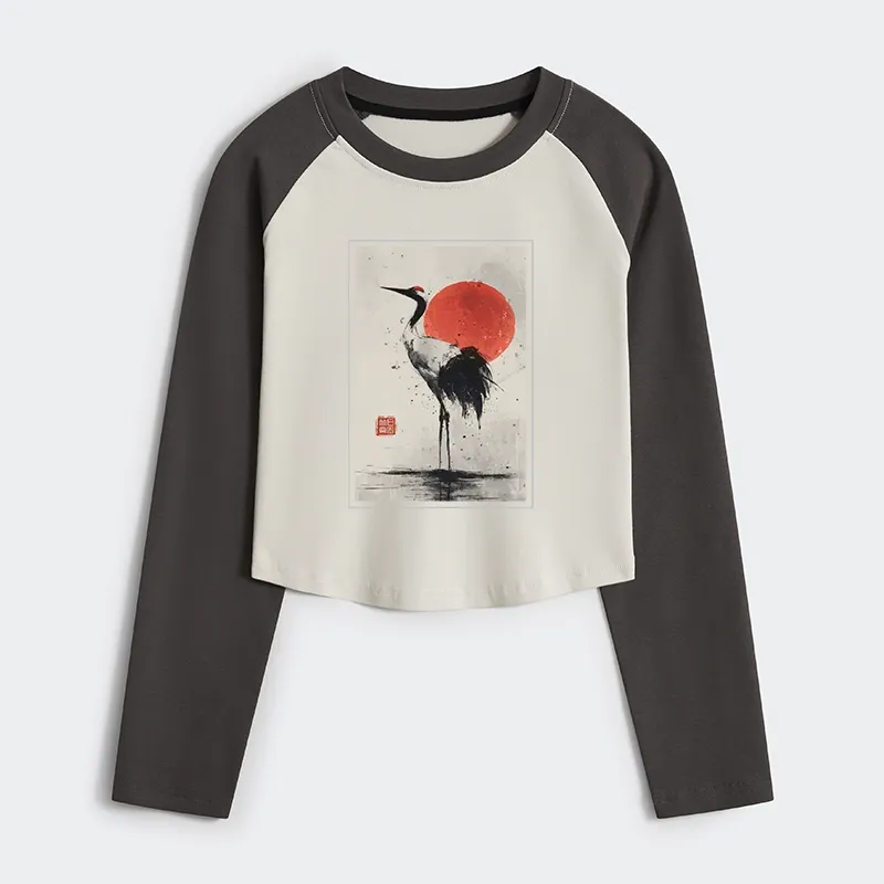 Tokyo-Tiger Retro Japanese Red-crowned Crane Women's Crop Raglan T-Shirt