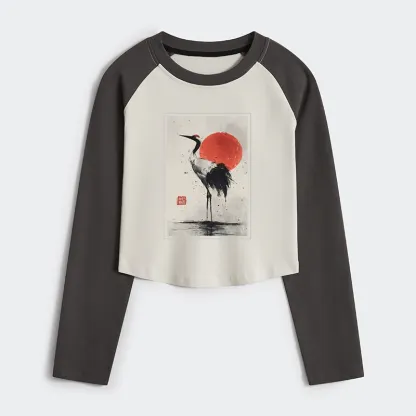 Tokyo-Tiger Retro Japanese Red-crowned Crane Women's Crop Raglan T-Shirt