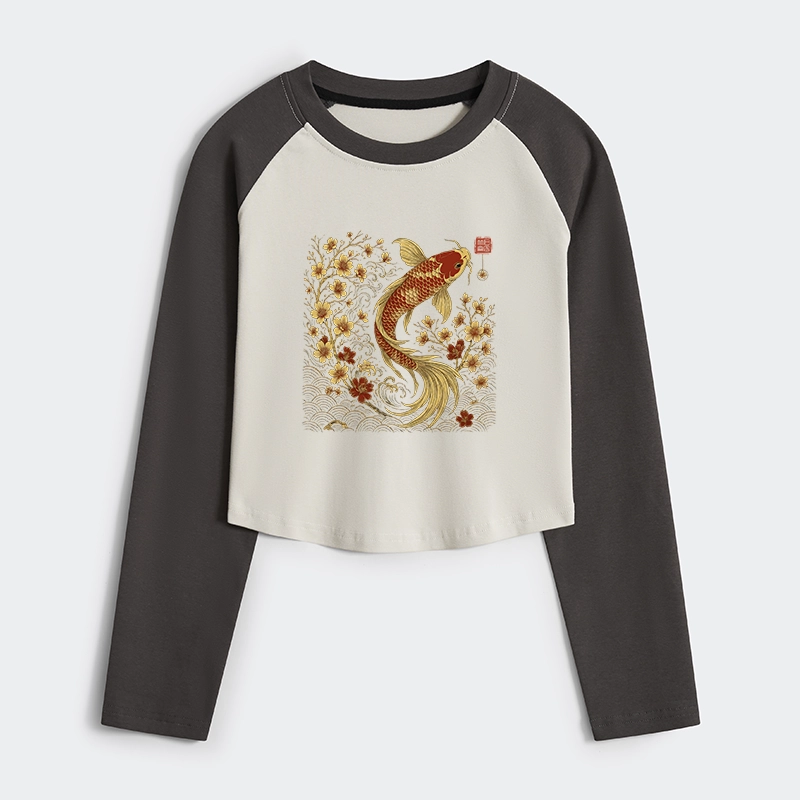 Tokyo-Tiger Vintage Sakura And Koi Women's Crop Raglan T-Shirt