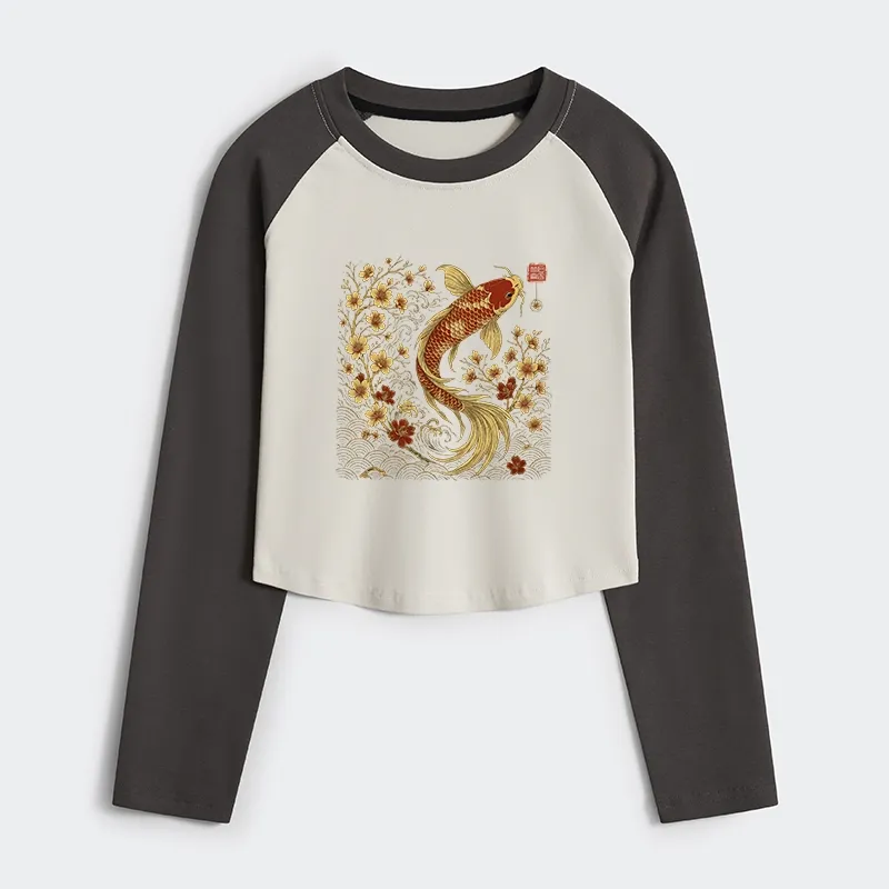 Tokyo-Tiger Vintage Sakura And Koi Women's Crop Raglan T-Shirt
