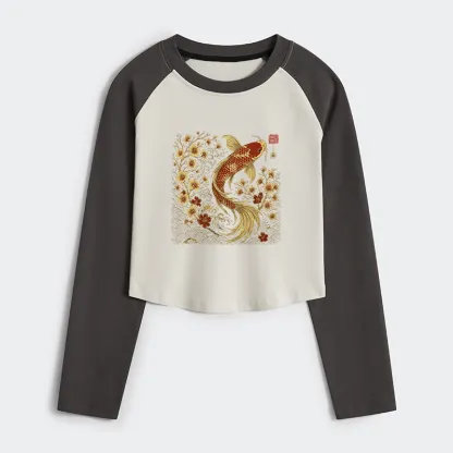 Tokyo-Tiger Vintage Sakura And Koi Women's Crop Raglan T-Shirt