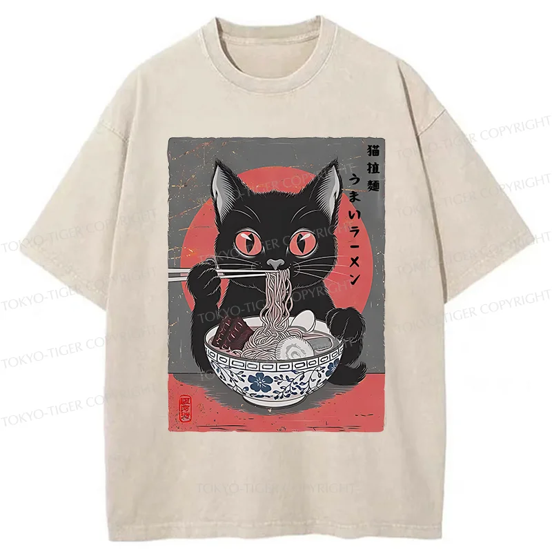 Tokyo-Tiger Black Cat Eating Delicious Ramen Washed T-Shirt