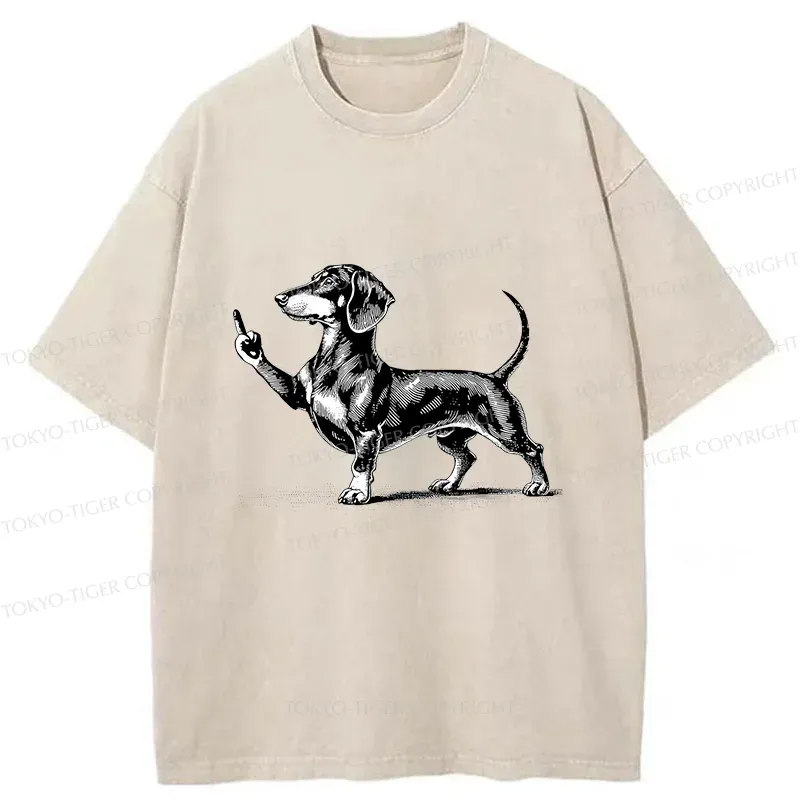 Tokyo-Tiger Dachshund Showing Middle Finger Washed T-Shirt