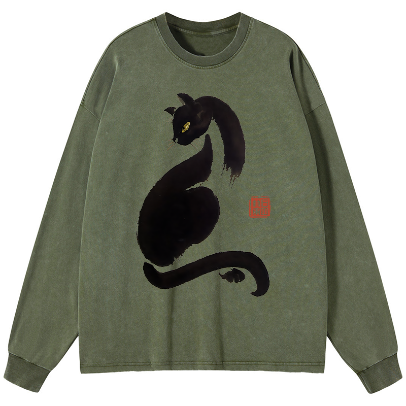 Tokyo-Tiger Elegant Black Cat Japan Washed Long Sleeve T-Shirt