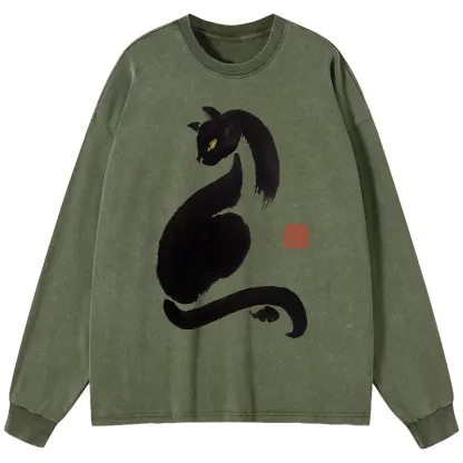 Tokyo-Tiger Elegant Black Cat Japan Washed Long Sleeve T-Shirt
