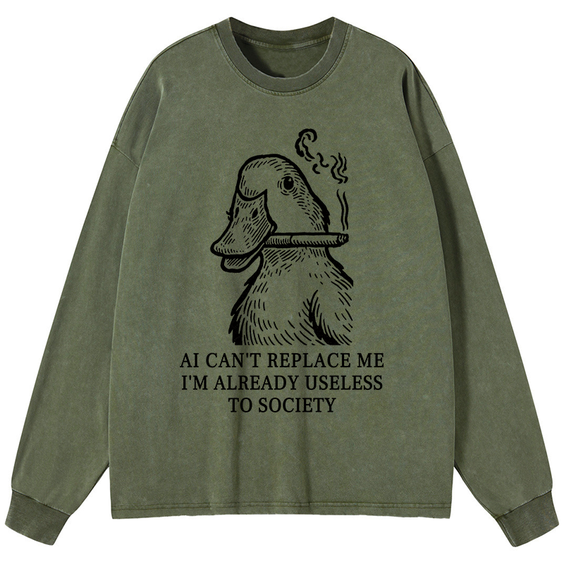 Tokyo-Tiger Smoking Duck Funny Washed Long Sleeve T-Shirt