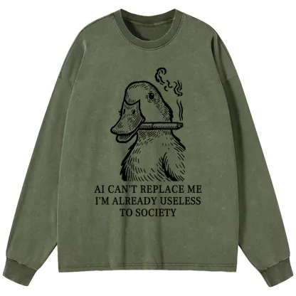 Tokyo-Tiger Smoking Duck Funny Washed Long Sleeve T-Shirt