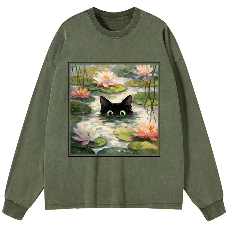Tokyo-Tiger Black Cat and Lotus Flower Washed Long Sleeve T-Shirt