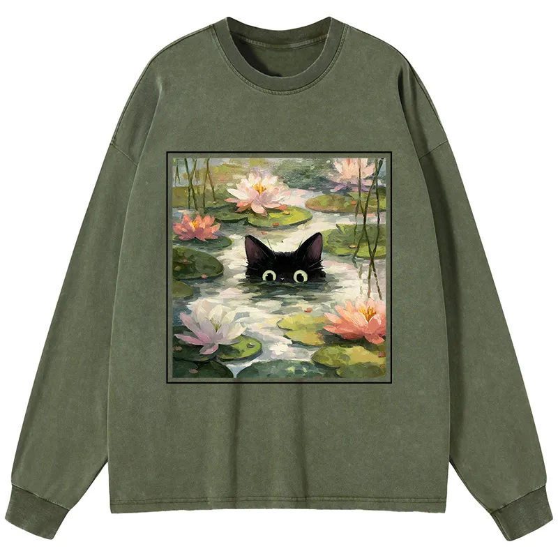 Tokyo-Tiger Black Cat and Lotus Flower Washed Long Sleeve T-Shirt