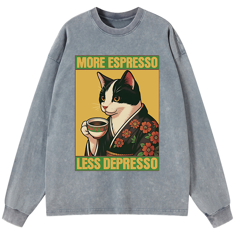 Tokyo-Tiger Tuxedo Cat Drinking Coffee Washed Long Sleeve T-Shirt