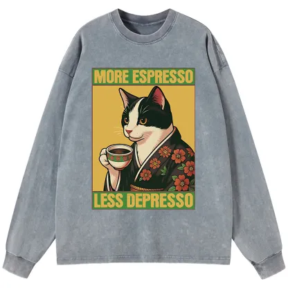 Tokyo-Tiger Tuxedo Cat Drinking Coffee Washed Long Sleeve T-Shirt