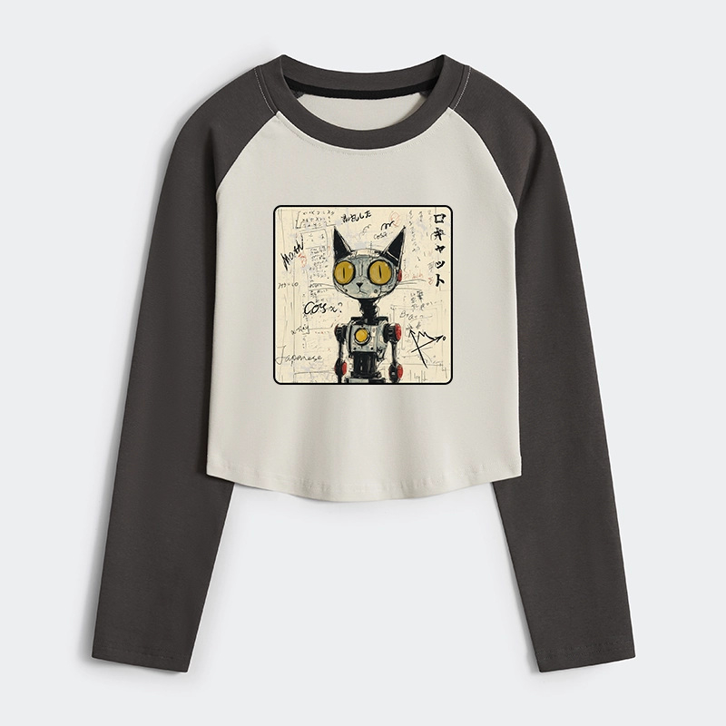 Tokyo-Tiger Robot Cat Women's Crop Raglan T-Shirt