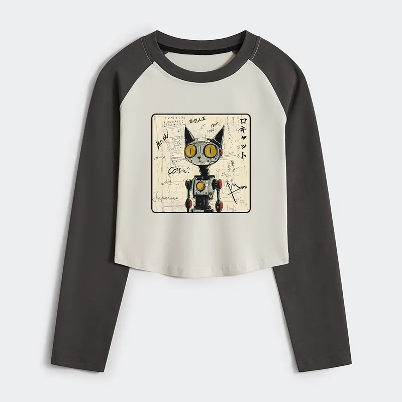 Tokyo-Tiger Robot Cat Women's Crop Raglan T-Shirt