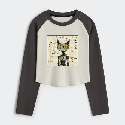 Tokyo-Tiger Robot Cat Women's Crop Raglan T-Shirt