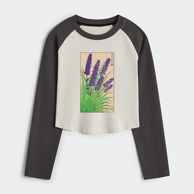 Tokyo-Tiger Japanese Lavender Women's Crop Raglan T-Shirt
