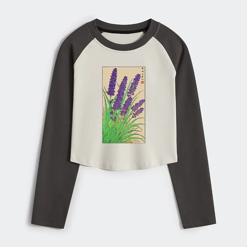 Tokyo-Tiger Japanese Lavender Women's Crop Raglan T-Shirt