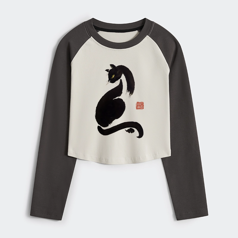 Tokyo-Tiger Elegant Black Cat Japan Women's Crop Raglan T-Shirt