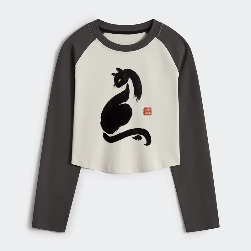 Tokyo-Tiger Elegant Black Cat Japan Women's Crop Raglan T-Shirt
