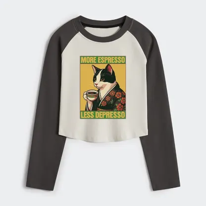 Tokyo-Tiger Tuxedo Cat Drinking Coffee Women's Crop Raglan T-Shirt