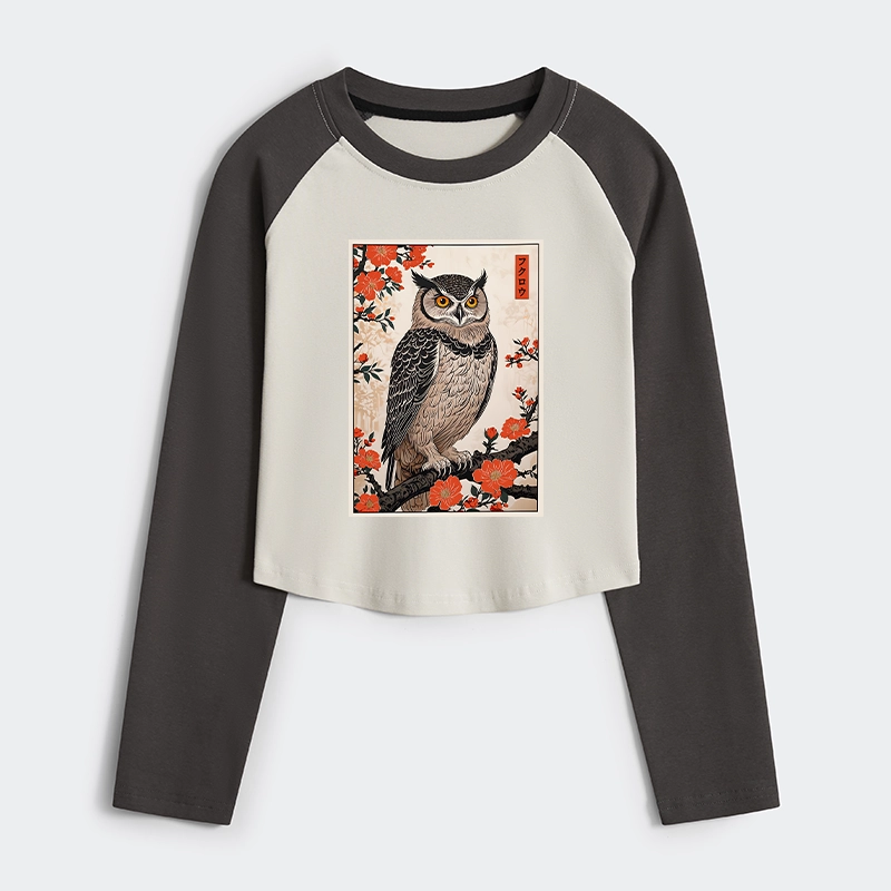 Tokyo-Tiger Vintage Japanese Owl Women's Crop Raglan T-Shirt